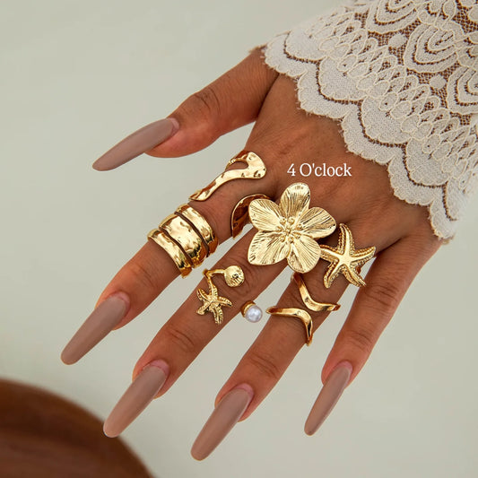 ✨RS69: Maximalistic Finger Ring Sets (Golden) - 6pcs (Adjustable-Non adjustable mixed sizes)