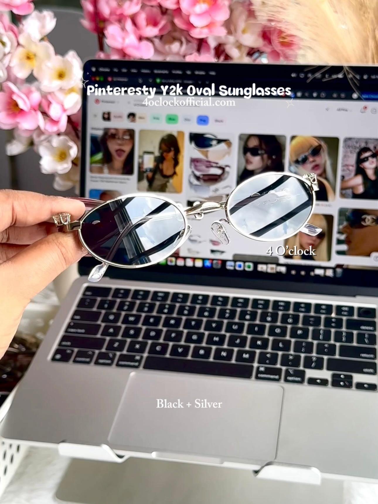 S34: Pinteresty Y2K Diamond Metal Oval Sunglasses - Black + Silver (with box)