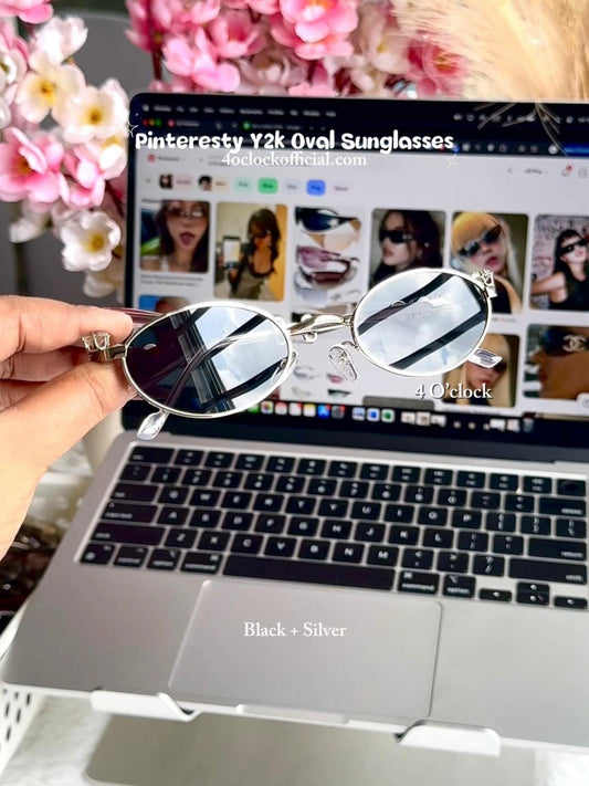 S34: Pinteresty Y2K Diamond Metal Oval Sunglasses - Black + Silver (with box)