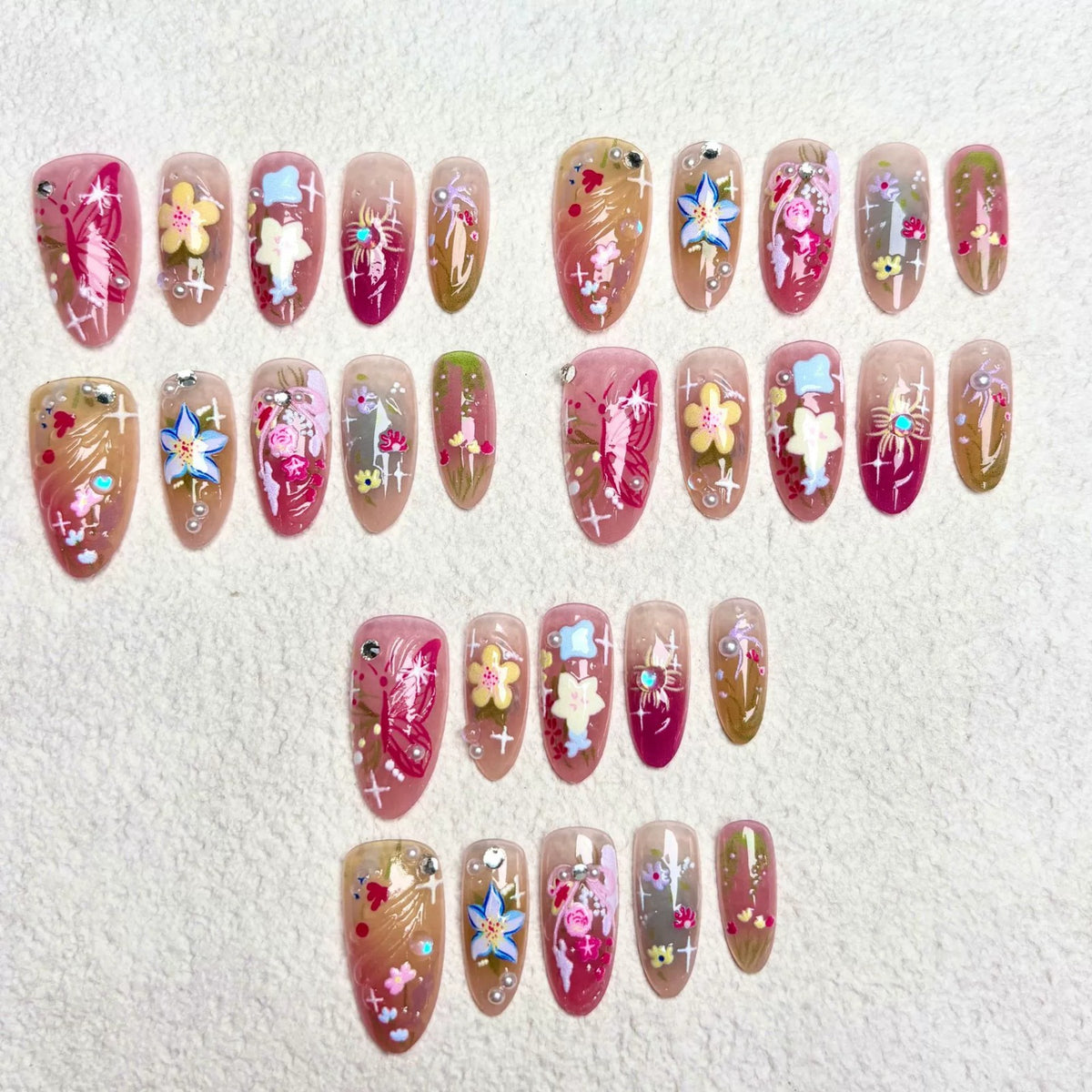 N17: Press On Nails: Spring Garden. Size XS (10 Pcs) - With 12pcs FREE glue stickers.