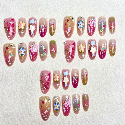 N17: Press On Nails: Spring Garden. Size XS (10 Pcs) - With 12pcs FREE glue stickers.