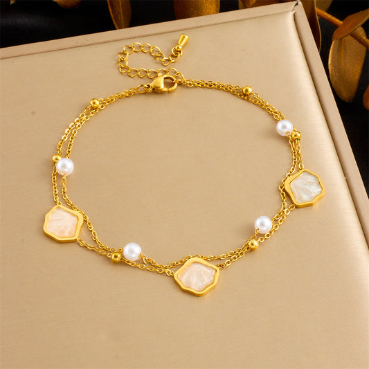 A71: 18K Gold Plated Stainless Steel Minimalist Anklet: Pearl Seashell