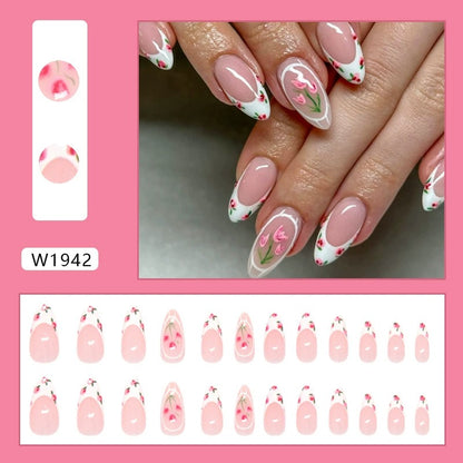 N09: Press On Nails: Petal Pop French (24 Pcs) - With FREE glue & kit.
