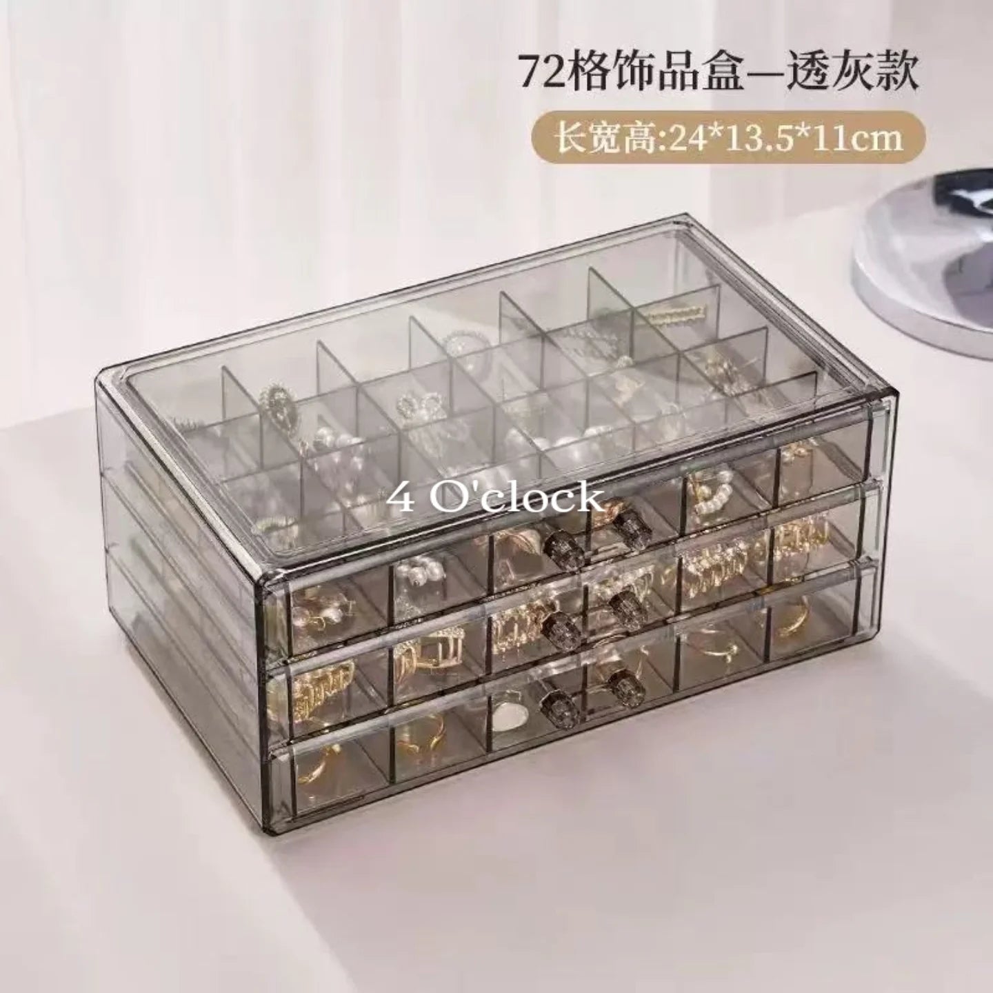 Transparent 3-Layer Jewellery Organizer Box: Black (72 Compartments)
