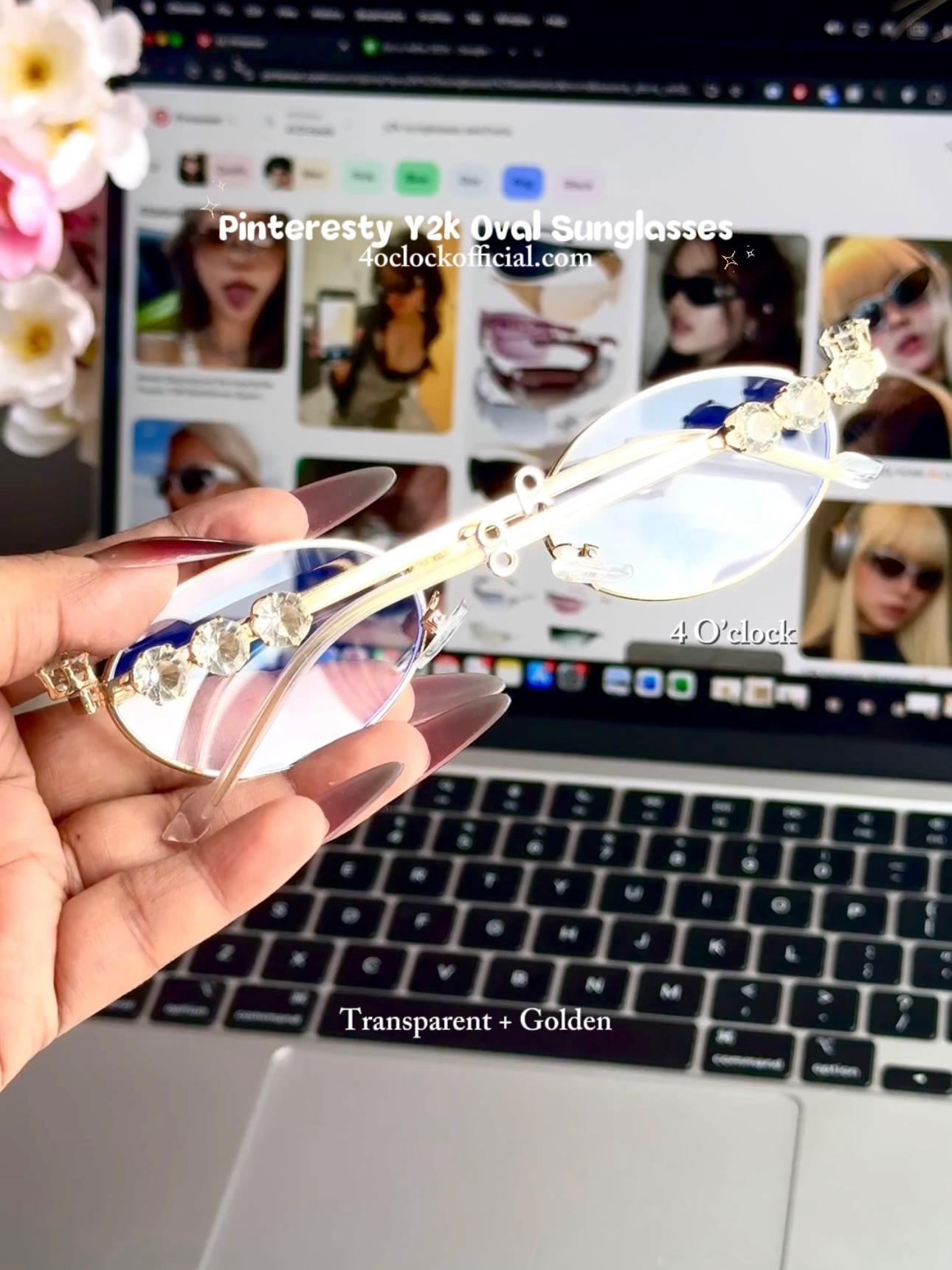 S37: Pinteresty Y2K Diamond Metal Oval Sunglasses - Transparent + Golden (with box)
