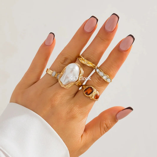 ✨RS117: Maximalistic Finger Ring Sets (Golden) - 5pcs (Adjustable-Non adjustable mixed sizes)
