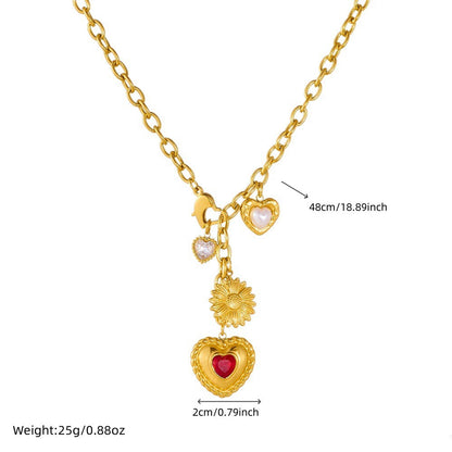 CN55: 18K Gold Plated Premium Stainless Steel Charm Necklace: Red Heart Daisy