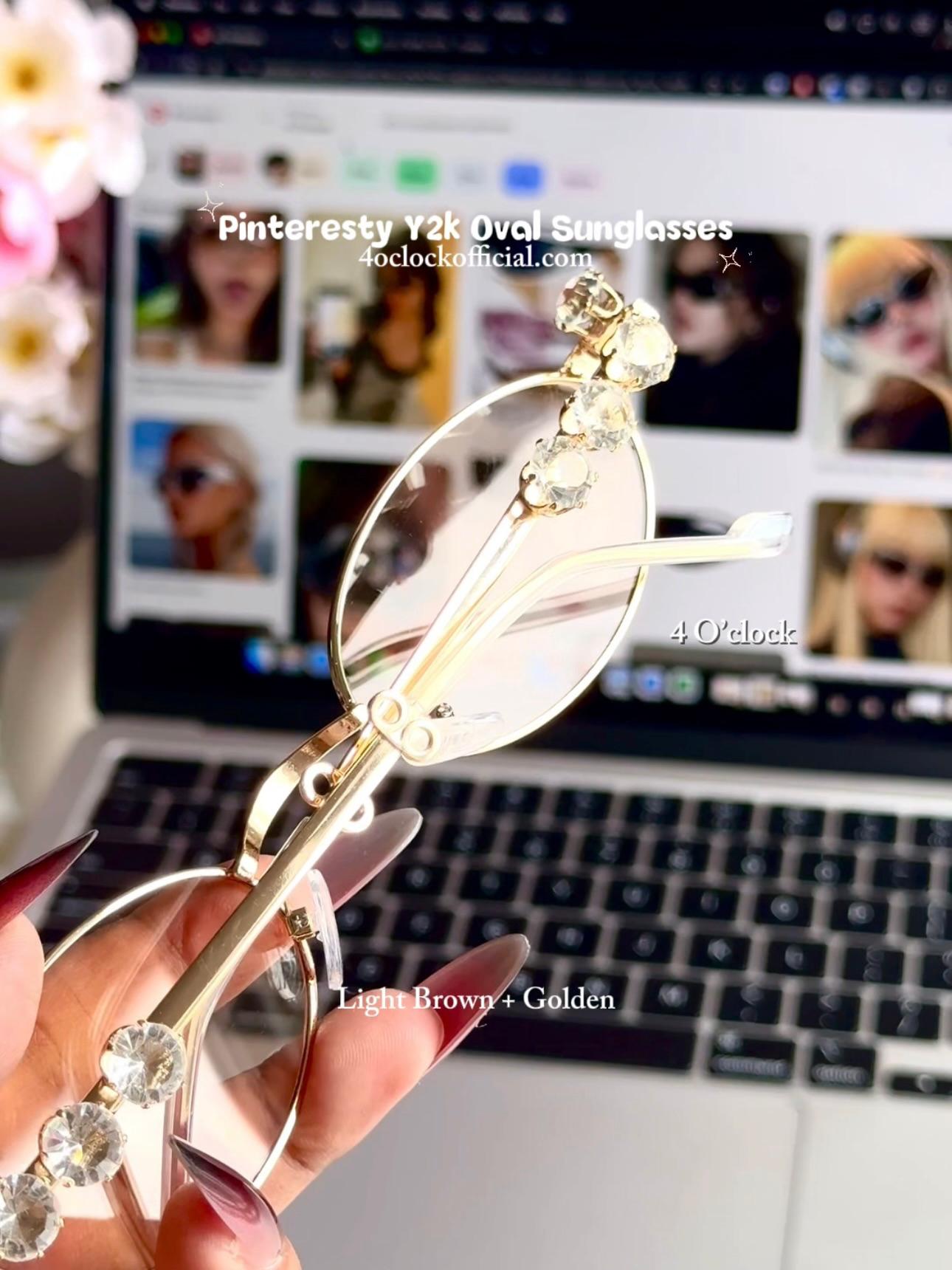S35: Pinteresty Y2K Diamond Metal Oval Sunglasses - Light Brown + Golden (with box)