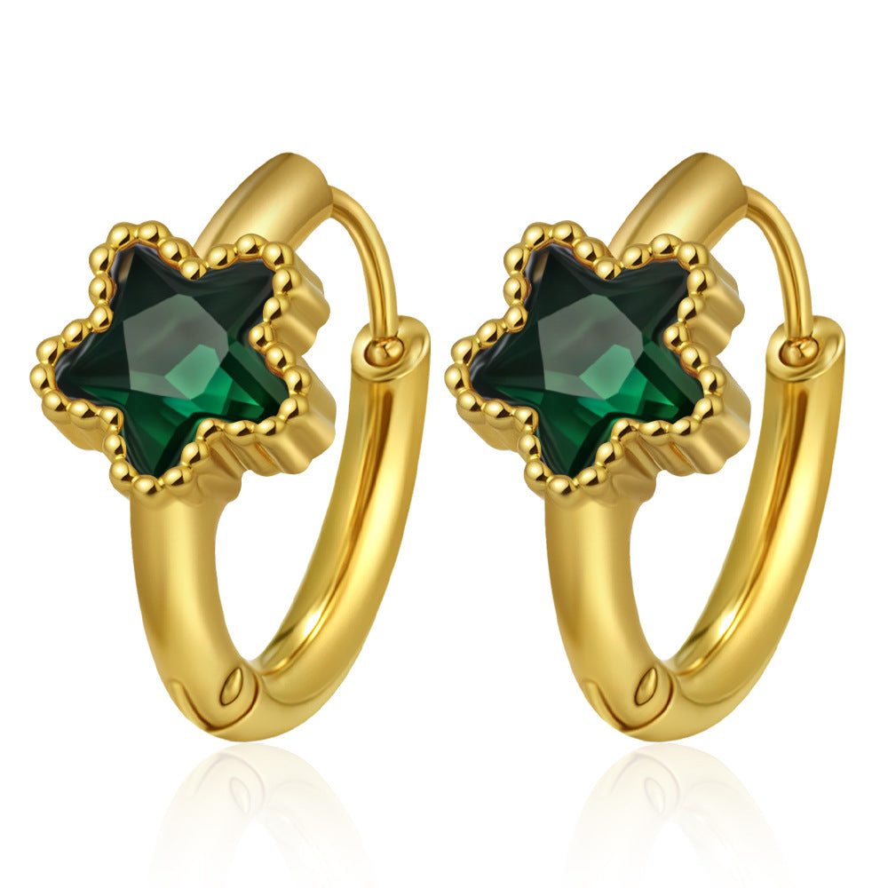 GE52: 18K Gold Plated Premium Stainless Steel Zircon Earrings: Green Star Diamond