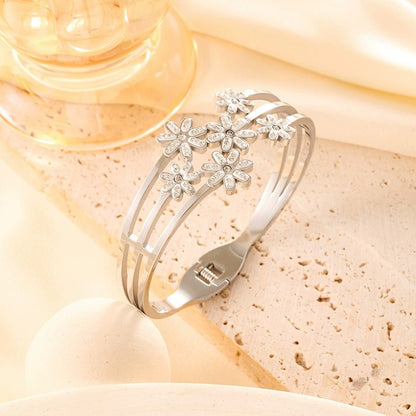 CB14: 18k Gold Plated Premium Stainless Steel Cuff Bangles: Florets (silver)