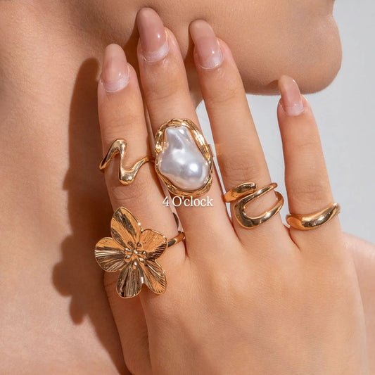 ✨RS46: Maximalistic Finger Ring Sets (Golden) - 5pcs (Adjustable-Non adjustable/Mixed sizes)