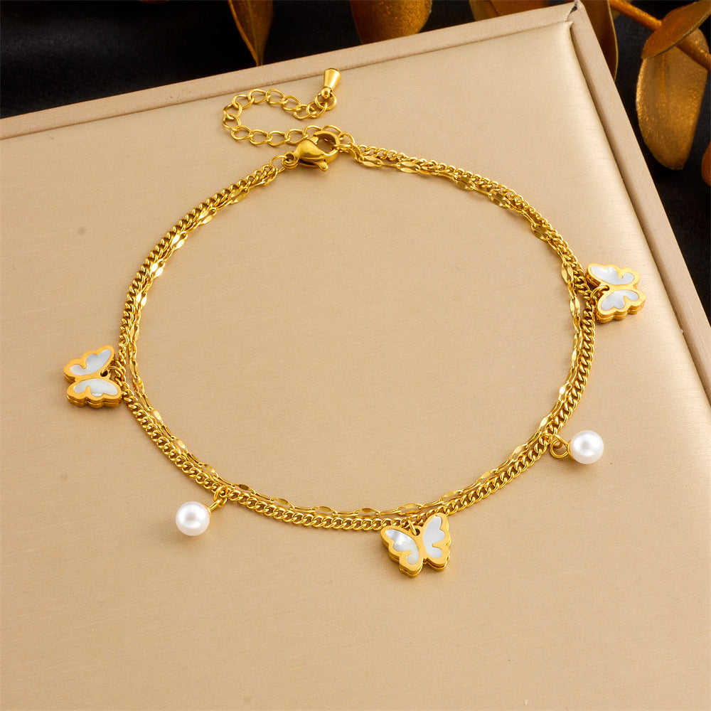 A84: 18K Gold Plated Stainless Steel Minimalist Anklet: Triple Butterfly