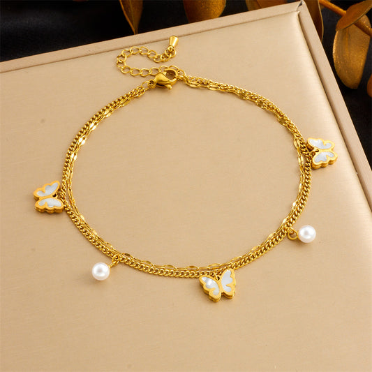A84: 18K Gold Plated Stainless Steel Minimalist Anklet: Triple Butterfly