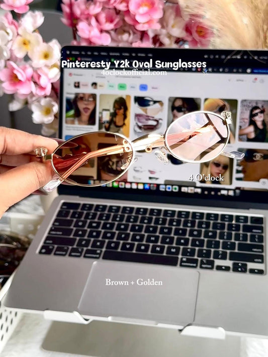 S36: Pinteresty Y2K Diamond Metal Oval Sunglasses - Brown + Golden (with box)