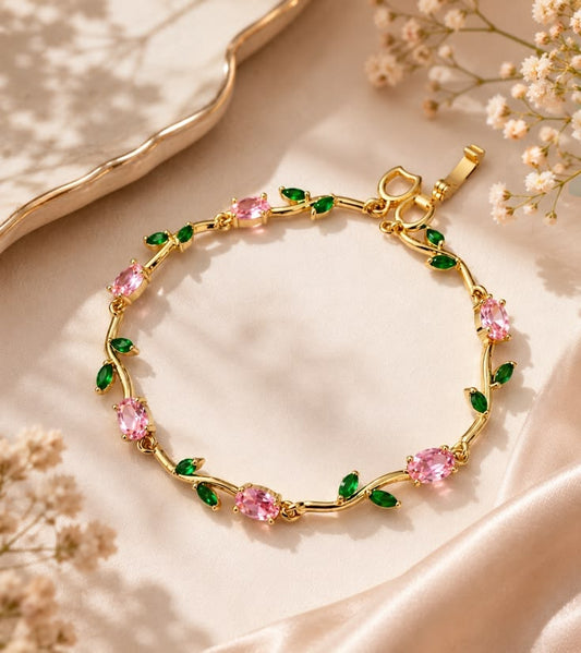 B106: Pinteresty Tulip Bracelet: Pink & Green Stone