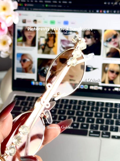 S36: Pinteresty Y2K Diamond Metal Oval Sunglasses - Brown + Golden (with box)