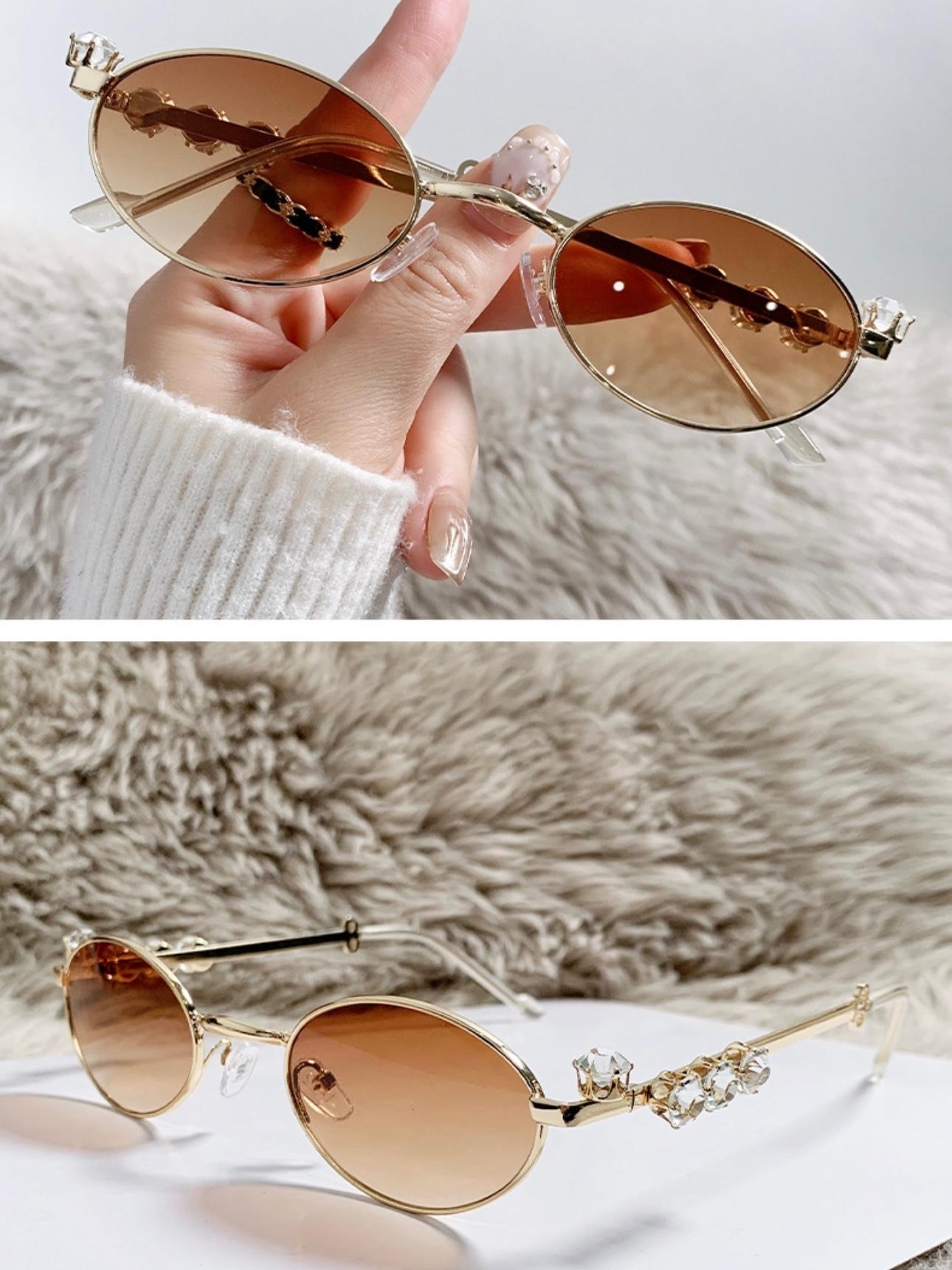 S36: Pinteresty Y2K Diamond Metal Oval Sunglasses - Brown + Golden (with box)