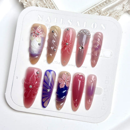 N28: Press On Nails: Floral Confetti. Size M (10 Pcs) - With 12pcs FREE glue stickers