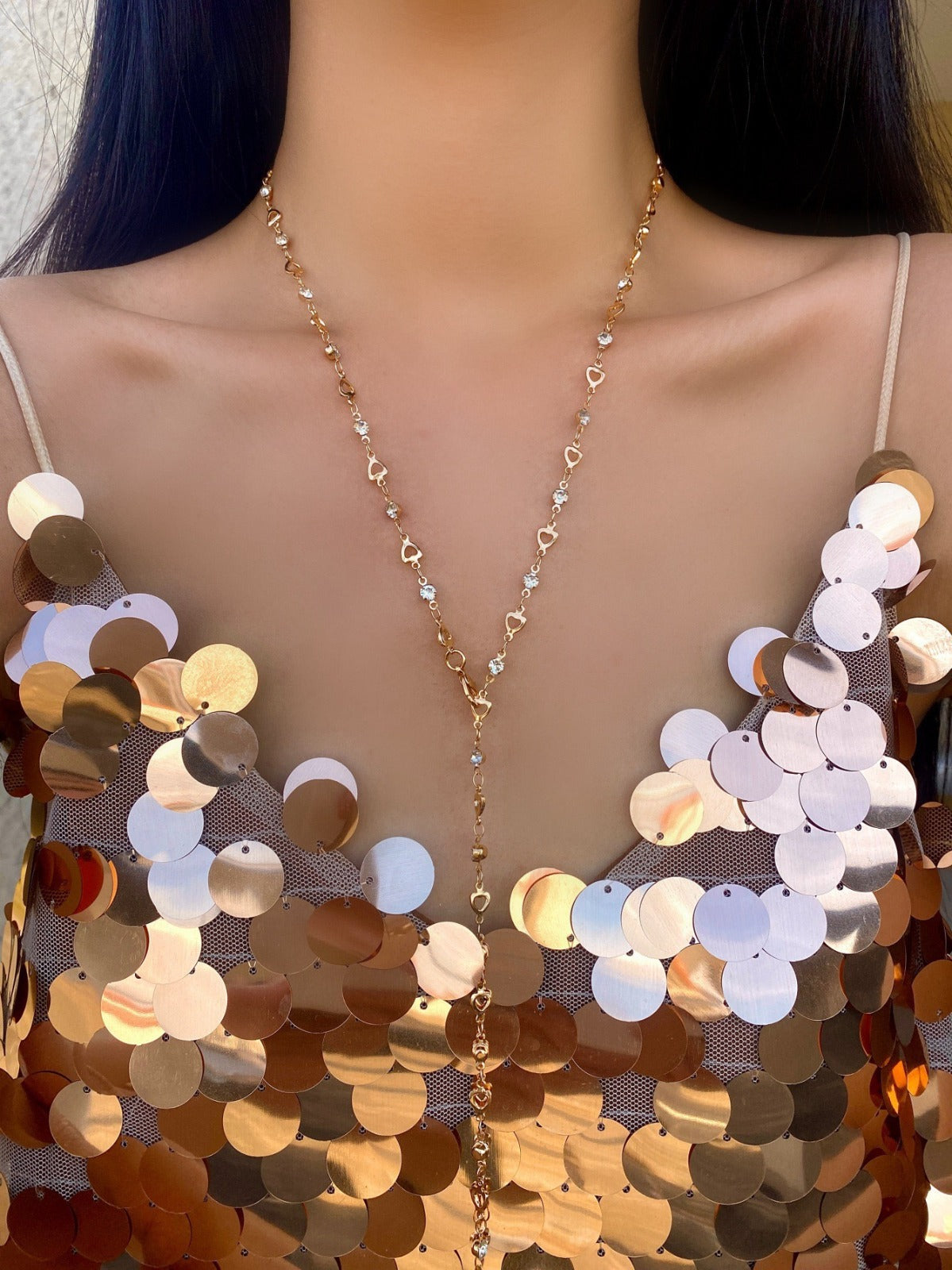 YN05: Y Shape Necklace: Golden Chrome Heart + White Stone