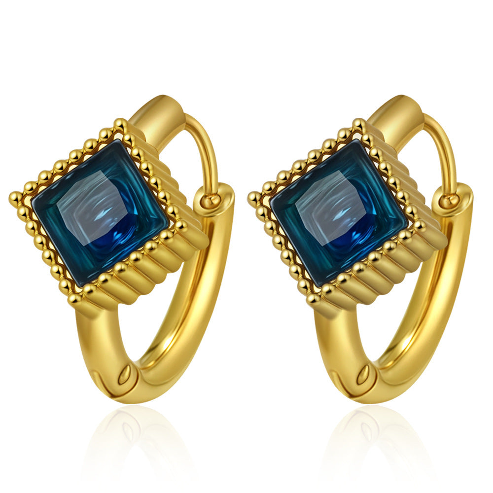 GE37: 18K Gold Plated Premium Stainless Steel Zircon Earrings: Square Dark Blue Diamond
