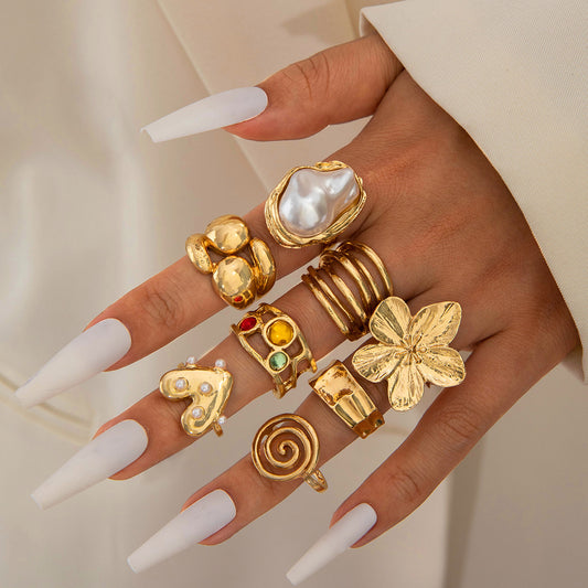 ✨RS44: Maximalistic Finger Ring Sets (Golden) - 8pcs (Adjustable-Non adjustable/ mixed sizes)