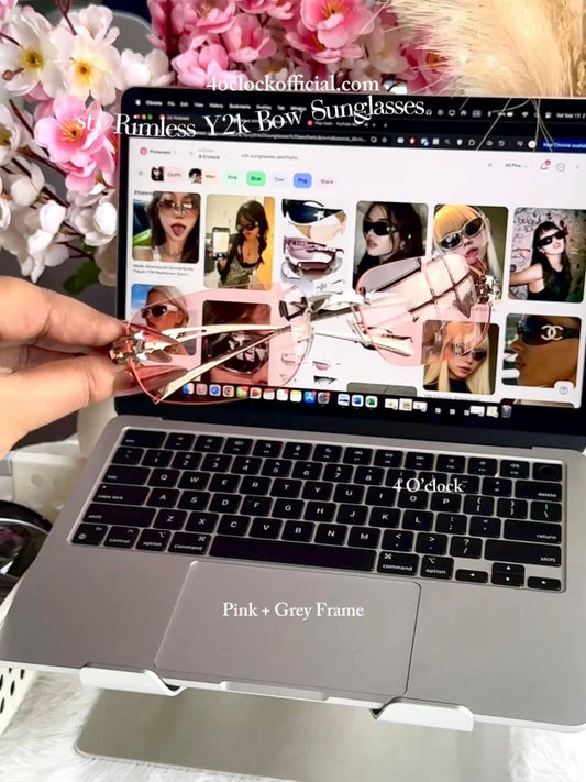 S17: Pinteresty Rimless Y2K Bow sunglasses: Pink + Grey (with box)