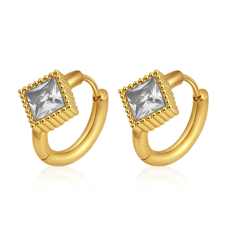 GE39: 18K Gold Plated Premium Stainless Steel Zircon Earrings: Square White Diamond