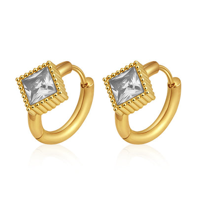 GE39: 18K Gold Plated Premium Stainless Steel Zircon Earrings: Square White Diamond