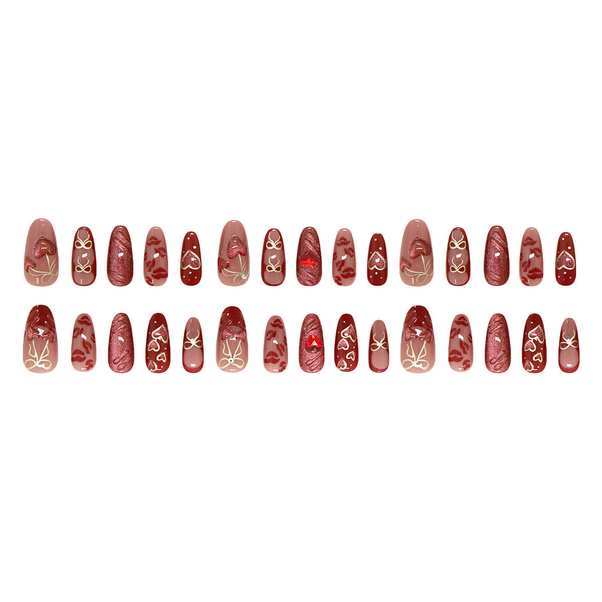 N01: Press On Nails: Red Cherry Heart. Size M (10 Pcs) - With 12pcs FREE glue stickers.