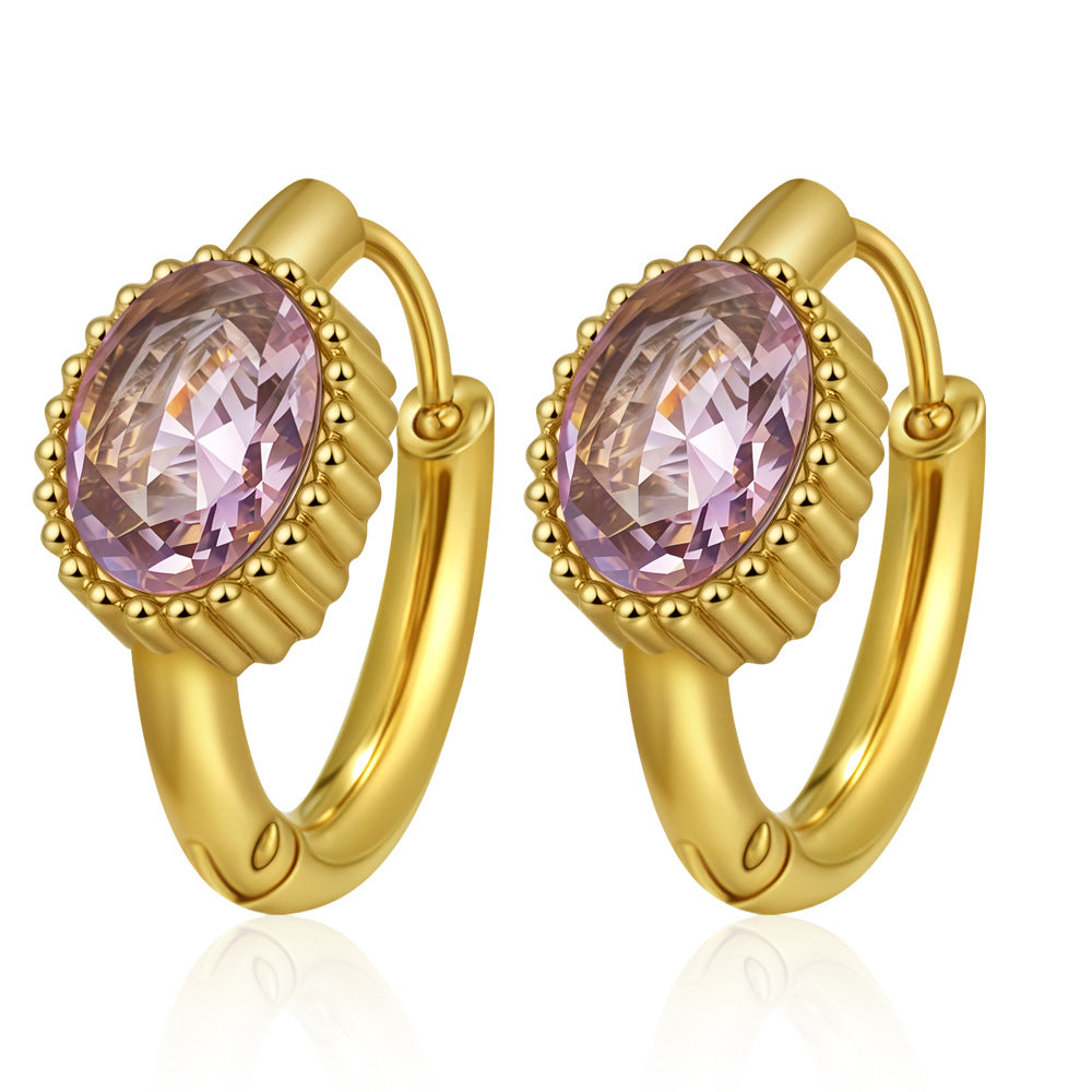 GE49: 18K Gold Plated Premium Stainless Steel Zircon Earrings: Pink Purple Oval Diamond