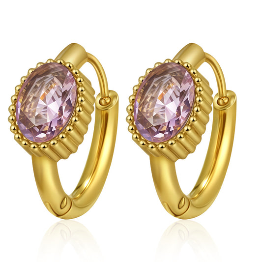 GE49: 18K Gold Plated Premium Stainless Steel Zircon Earrings: Pink Purple Oval Diamond