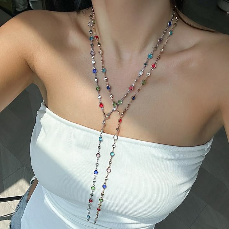 YN04: Y Shape Necklace: Multi Colored Stone+Silver Round