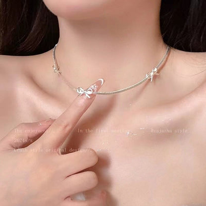 ✨🎀Triple Bow Choker: Silver (Adjustable)🎀✨