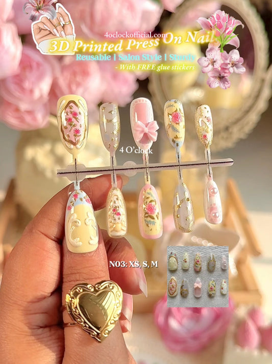 N03: Press On Nails: Royal Flower. Size M (10 Pcs) - With 12pcs FREE glue stickers.