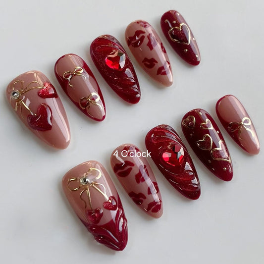 N01: Press On Nails: Red Cherry Heart. Size M (10 Pcs) - With 12pcs FREE glue stickers.
