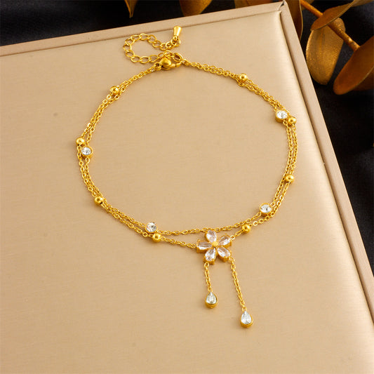 A83: 18K Gold Plated Stainless Steel Minimalist Anklet: Crystal Flower
