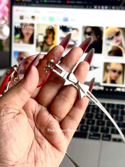 S17: Pinteresty Rimless Y2K Bow sunglasses: Pink + Grey (with box)