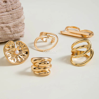 ✨RS49: Maximalistic Finger Ring Sets (Golden) - 5pcs (Adjustable-Non adjustable mixed sizes)