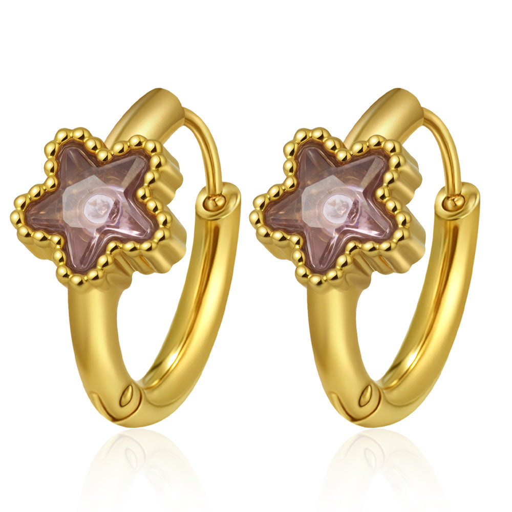 GE53: 18K Gold Plated Premium Stainless Steel Zircon Earrings: Pink Purple Star Diamond