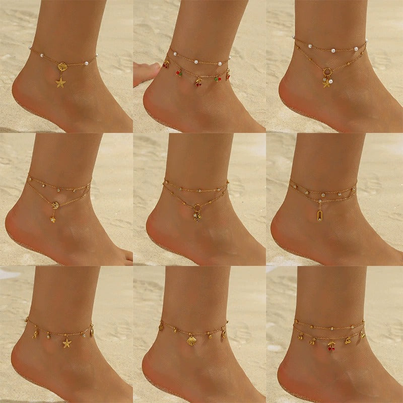 A70: 18K Gold Plated Stainless Steel Minimalist Anklet: Triple Bow
