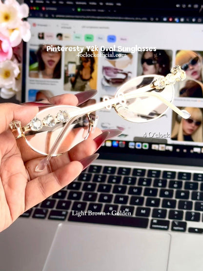 S35: Pinteresty Y2K Diamond Metal Oval Sunglasses - Light Brown + Golden (with box)