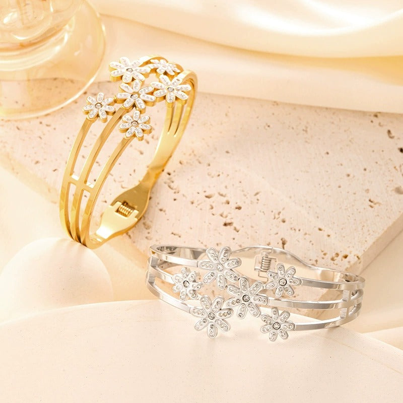 CB14: 18k Gold Plated Premium Stainless Steel Cuff Bangles: Florets (silver)