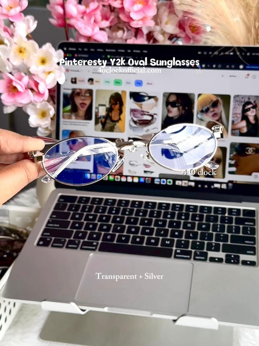S38: Pinteresty Y2K Diamond Metal Oval Sunglasses - Transparent + Silver (with box)