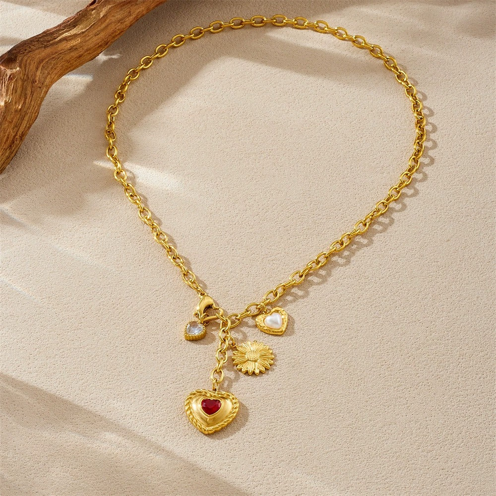 CN55: 18K Gold Plated Premium Stainless Steel Charm Necklace: Red Heart Daisy