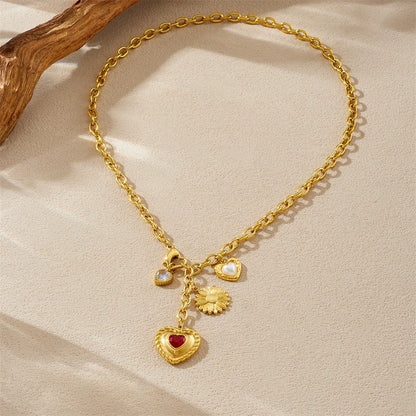 CN55: 18K Gold Plated Premium Stainless Steel Charm Necklace: Red Heart Daisy