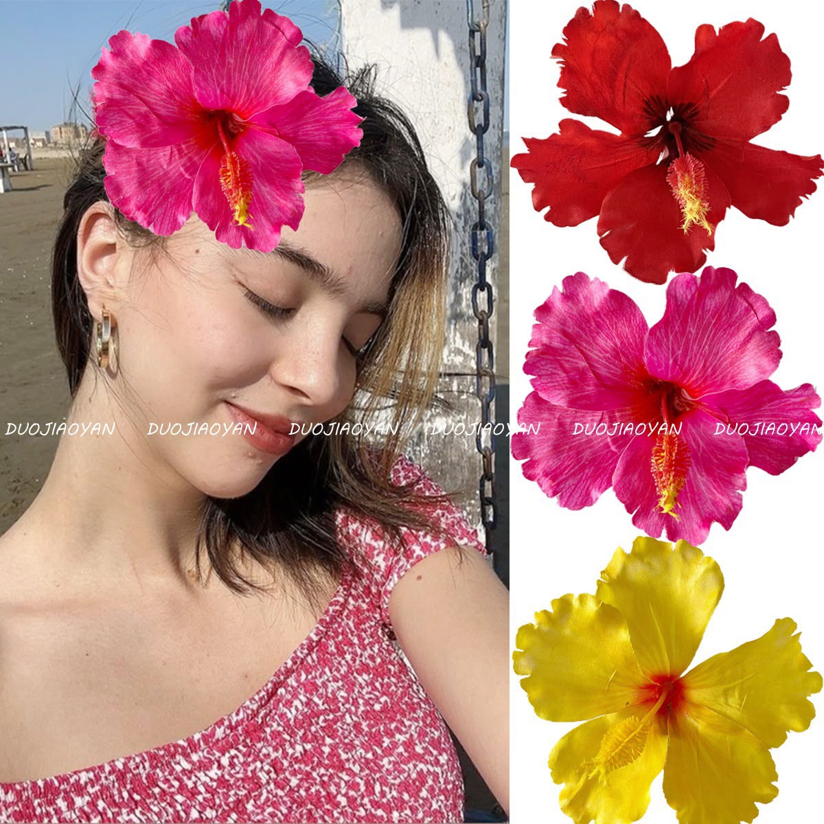 Hibiscus Flower Side Hair Clip: Rose Red