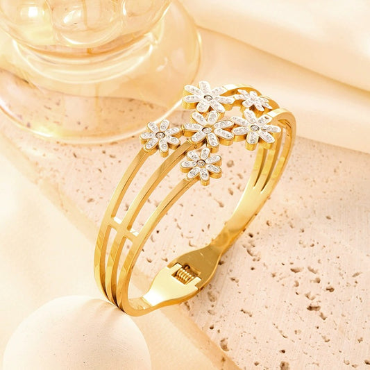 CB13: 18k Gold Plated Premium Stainless Steel Cuff Bangles: Florets (golden)