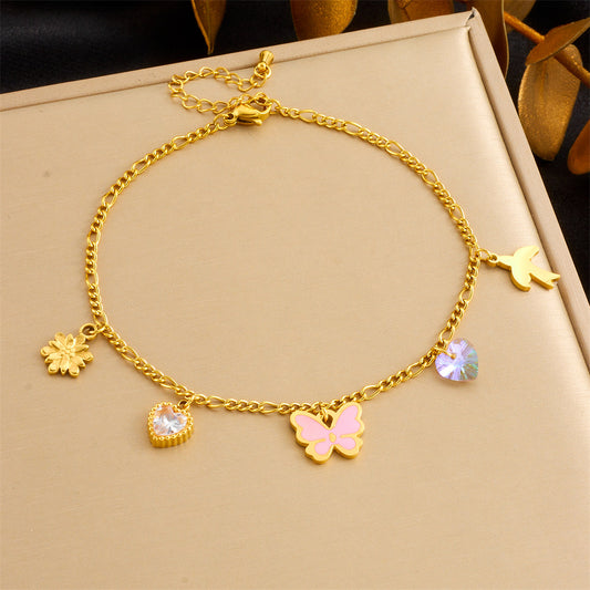 A82: 18K Gold Plated Stainless Steel Minimalist Anklet: Pink Butterfly