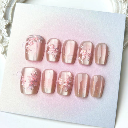 N30: Press On Nails: Sakura Empress. Size M (10 Pcs) - With 12pcs FREE glue stickers.