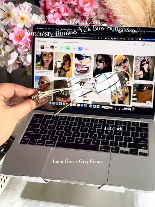 S18: Pinteresty Rimless Y2K Bow sunglasses: Light Grey + Grey (with box)